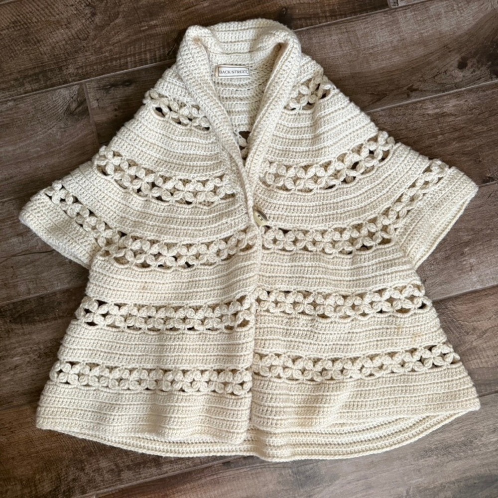 Back Street Vintage Crochet Open Front‎ Knit Shawl Capelet Cardigan, Cream,L